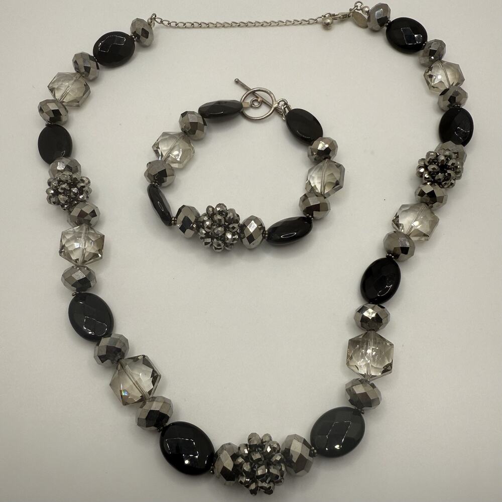 Donna Dressler Necklace Bracelet Set Black Beaded Sterling Silver 6.75” 20”
